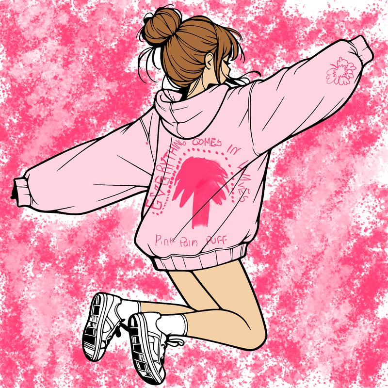 realistic girl jumping with a bun and oversized sweatshirt