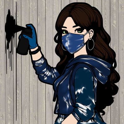 realistic girl with mask spray painting a wall