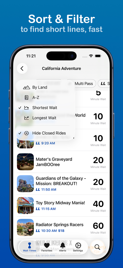 LineTime for Disneyland - Interface of LineTime app displaying California Adventure wait times with a sort and filter menu open.