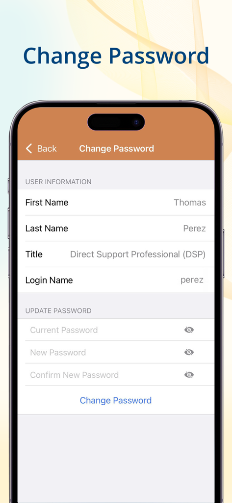 A mobile interface showing the change password screen for a Direct Support Professional in the Therap app.