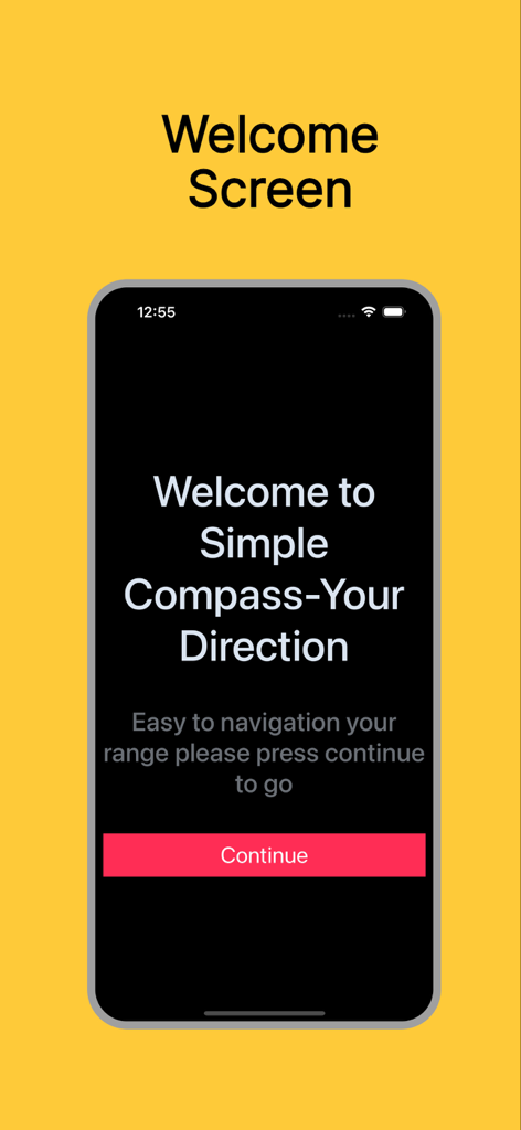 Simple Compass-Your Direction - Welcome screen of the Simple Compass app showing a clear welcome message and a red continue button