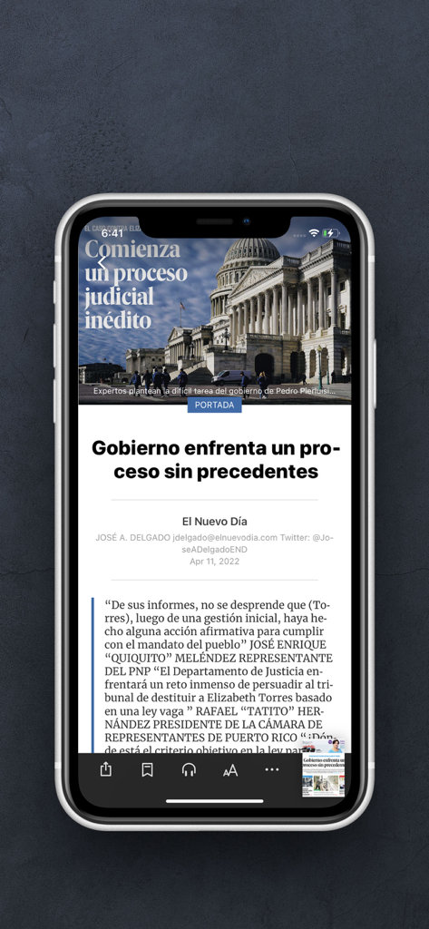 El Nuevo Día ePaper - Pantalla de teléfono inteligente que muestra un artículo de noticias digital de la aplicación El Nuevo Dia ePaper con la imagen del Capitolio de EE. UU.