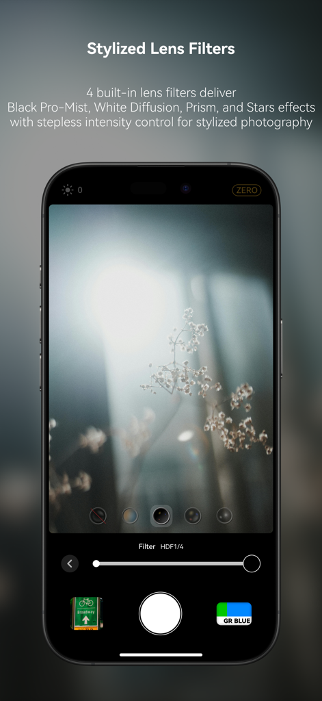 Fio Cam ：Zero-Process Film Cam - Interfaz de la aplicación Fio Cam con filtros de lente estilizados como Black Pro Mist con intensidad ajustable