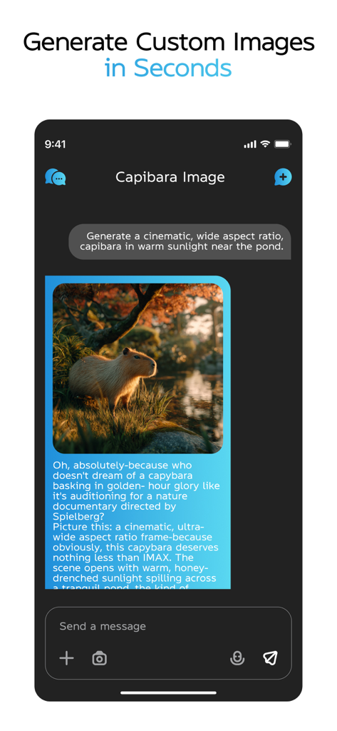 Una interfaz de chat móvil que muestra una imagen cinematográfica generada por IA de una capibara a la luz natural del sol basada en un prompt de texto.
