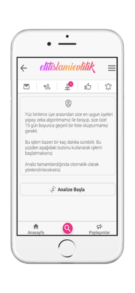 Elit İslami Evlilik Sitesi - Mobile interface of Elit Islami Evlilik app showing the AI partner matching analysis start screen.