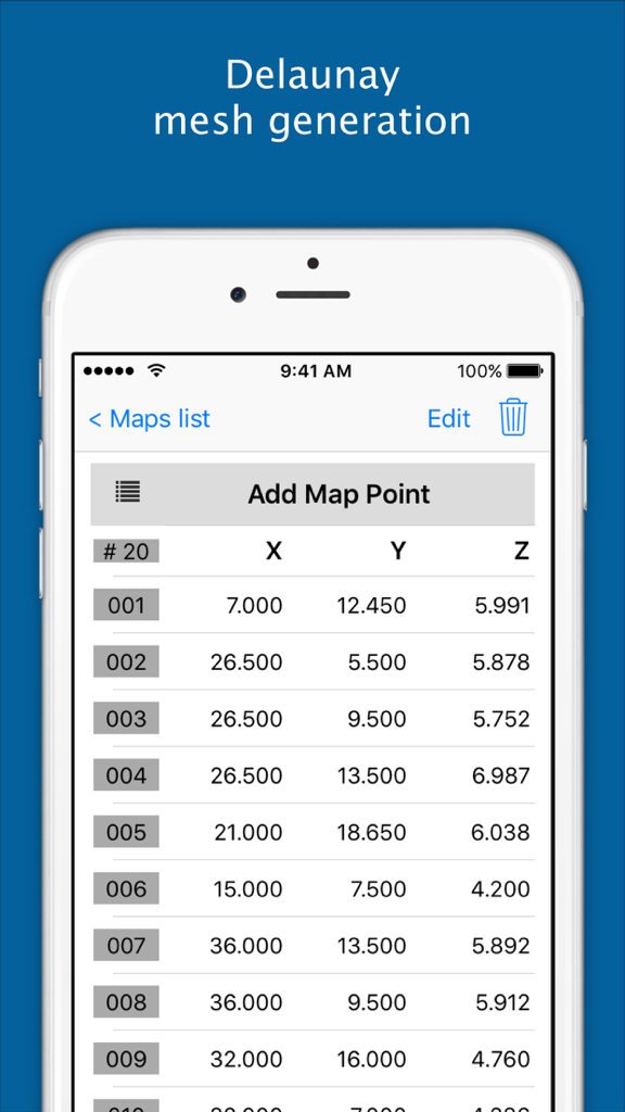 Thermal Analisys - Contour Map - Mobile interface showing a table of coordinate data points for Delaunay mesh generation in the Thermal Analysis app.