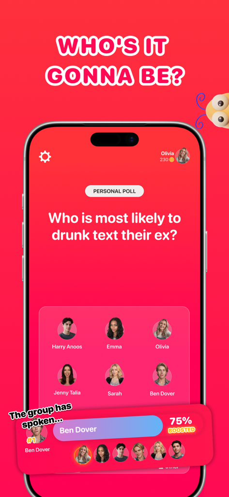 A screenshot of the Goofer party game app showing a personal poll asking who is most likely to drunk text an ex with friends voting results