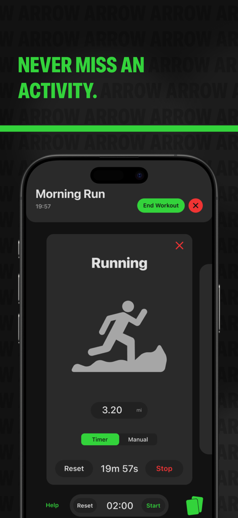 Arrow: Social Fitness Network - Smartphone screen showing the Arrow app's running activity tracker with distance and timer.