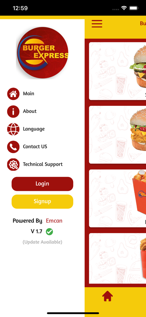 Burger-Express - Burger Express app side menu showing options for main about language and contact us