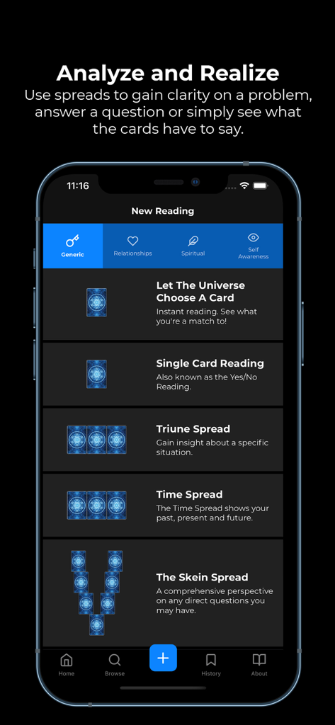 A screen from the Aether Creature Cards app showing various reading spreads including Triune and Time Spread.