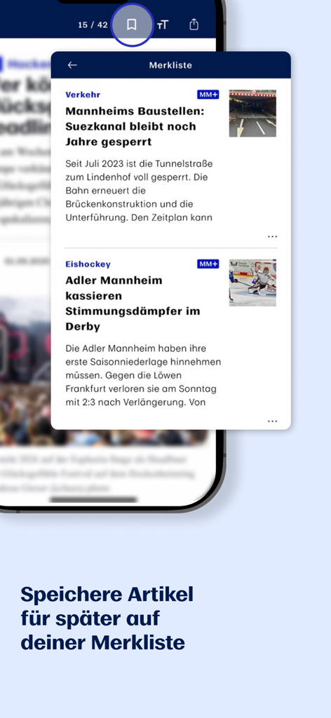 Watchlist screen in the MM News app showing saved news articles about Mannheim