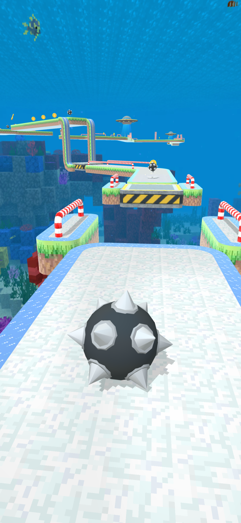 Fly Ball: Sky Parkour - A spiked ball rolling on a narrow track in an underwater themed level of Fly Ball Sky Parkour