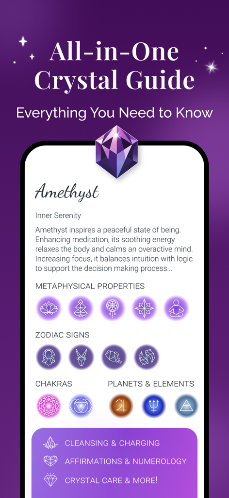 Crystalyze: Crystal ID Guide - Un profil détaillé du cristal d'améthyste dans l'application Crystalyze montrant les propriétés métaphysiques et les signes du zodiaque.