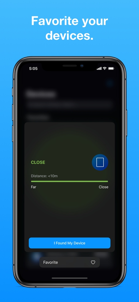 Tela do aplicativo Find My Bluetooth Device mostrando rastreamento de proximidade e a opção de favoritar dispositivos