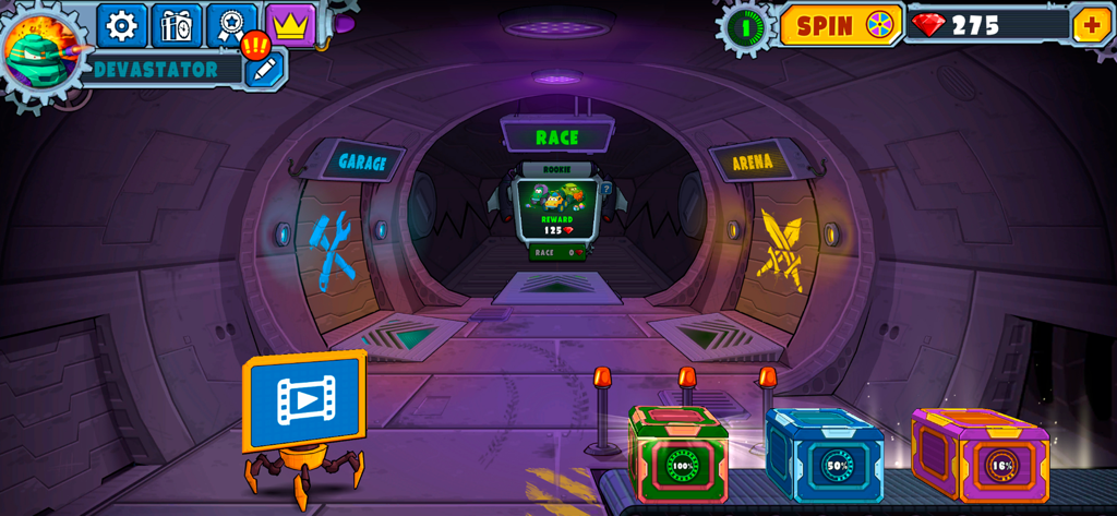 Car Eats Car Multiplayer Race - Main menu of Car Eats Car Multiplayer Race showing the garage race and arena options in a futuristic hub