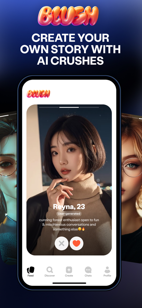 A profile card of an AI crush named Reyna in the Blush dating simulator app interface