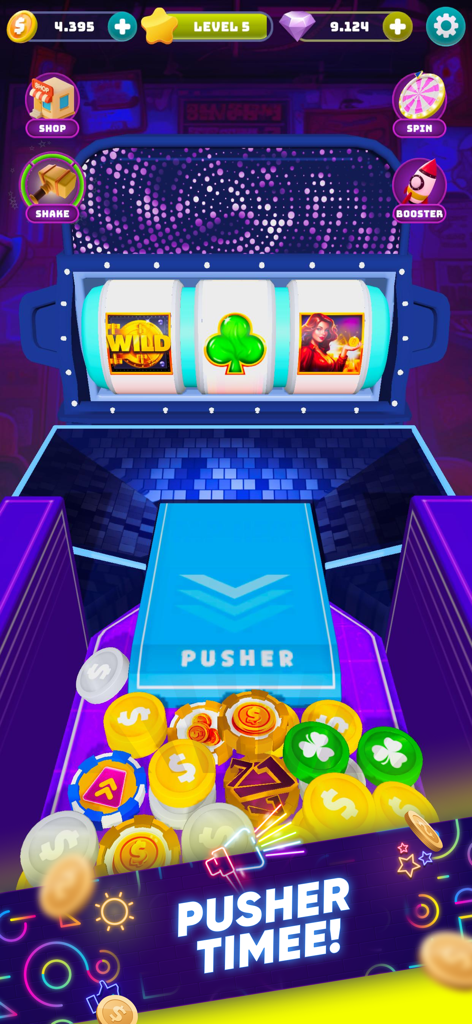 Pusher Master - Coin Fest - Interfaz de juego de Pusher Master Coin Fest con una máquina empujadora de monedas y una máquina tragamonedas con fichas coloridas
