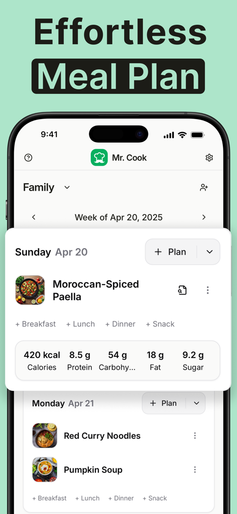 Recipe Keeper - Mr. Cook - A smartphone display showing a weekly meal planning interface within the Mr. Cook app featuring recipes and nutritional information