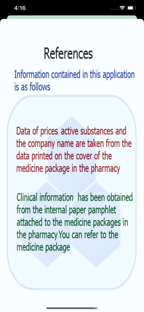 Drug eye index - References page in the Drug eye index app listing data sources for medicine prices and clinical information