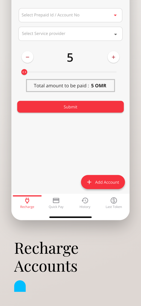 Nama Services app recharge accounts screen for prepaid electricity