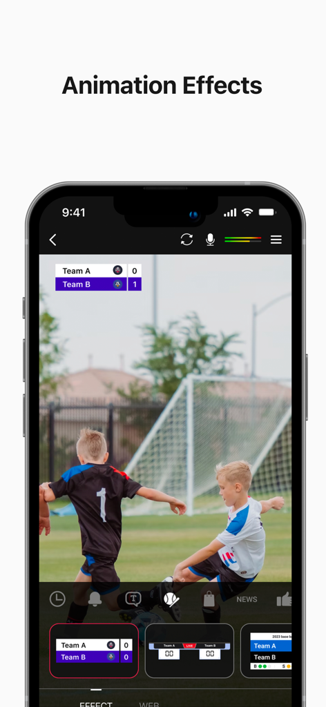 CameraFi Live - CameraFi Liveアプリで、プロのスコアボードオーバーレイが付いたサッカーの試合のライブストリーム。
