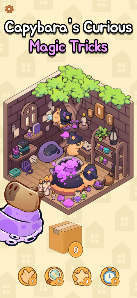 Capybara Sticker: 3D Style - A cozy 3D room scene featuring capybaras dressed as wizards around a magical purple cauldron