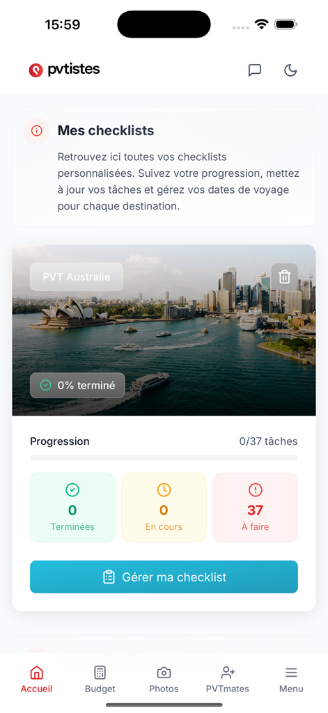 Interface d'application mobile montrant une liste de contrôle de voyage pour un Visa Vacances-Travail en Australie