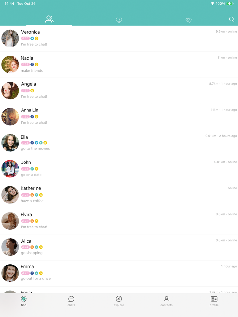 User interface of SayHi Chat Messenger HD showing a list of people nearby with profile pictures and status on iPad