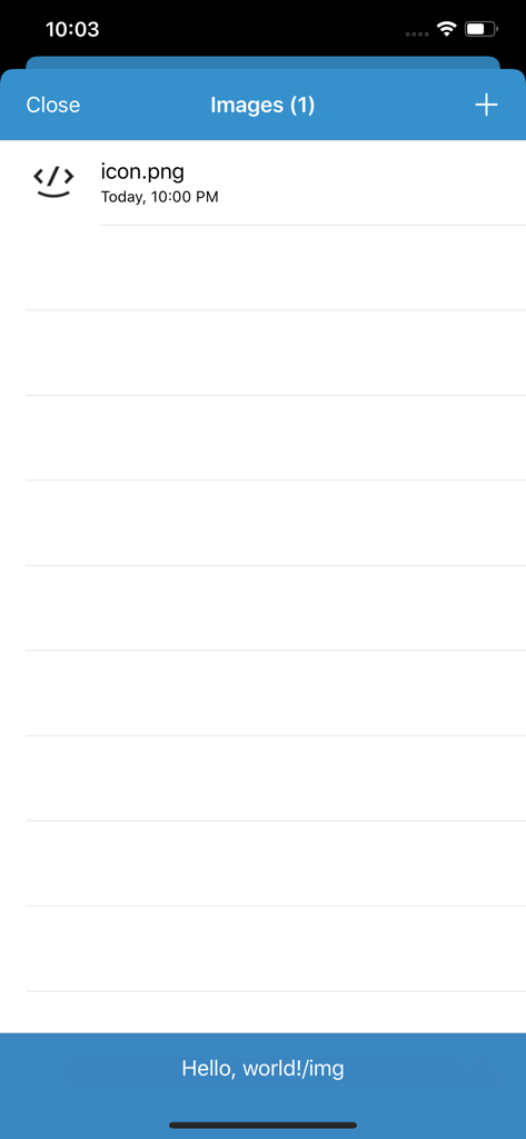 JavaScript Anywhere JSAnywhere - The image asset management screen in the JavaScript Anywhere mobile code editor showing a list of files for a web project.