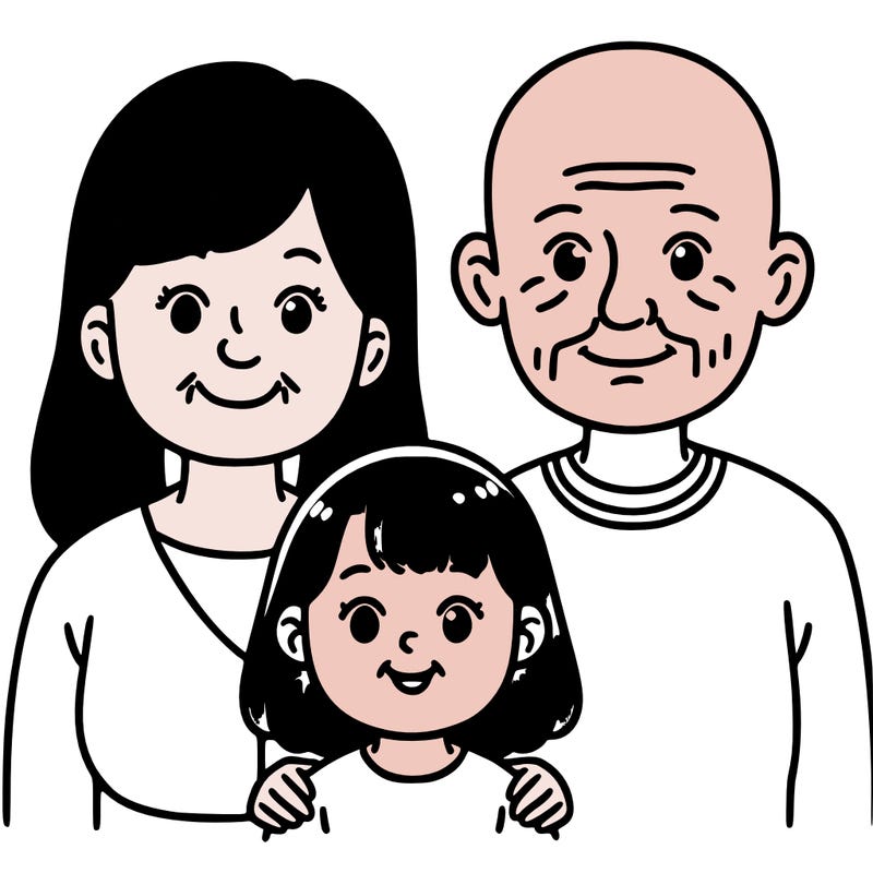 a 50 year old grandmother and a 50 year old bald-head smooth-faced hairless grandfather with their a 5 year old granddaughter