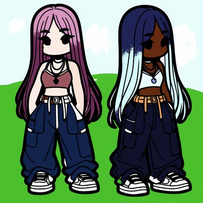 girl in baggy pants crop top and long hair