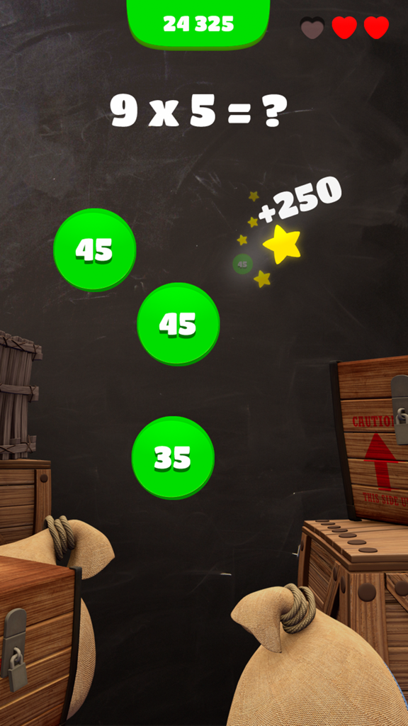 Gameplay of 10monkeys Multiplication showing a multiplication problem with multiple choice answers on a chalkboard background