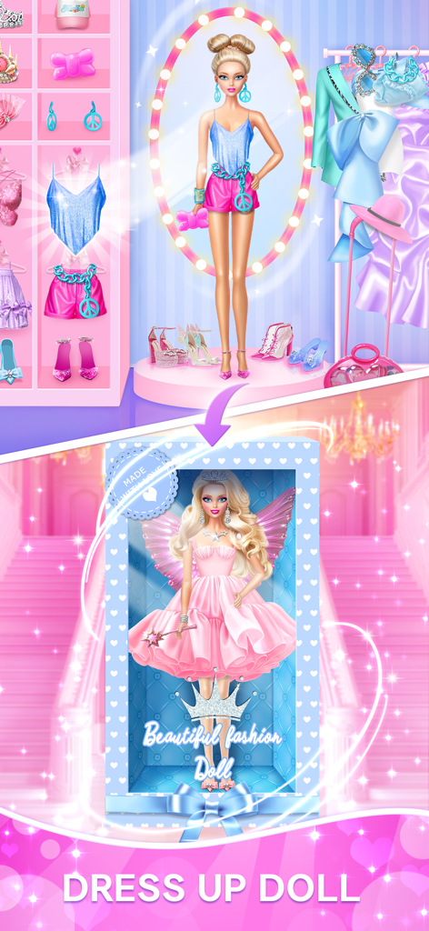 Doll Dress Up: Dream House - A doll dress-up game interface showing outfit customization and a packaged fashion doll in a gift box