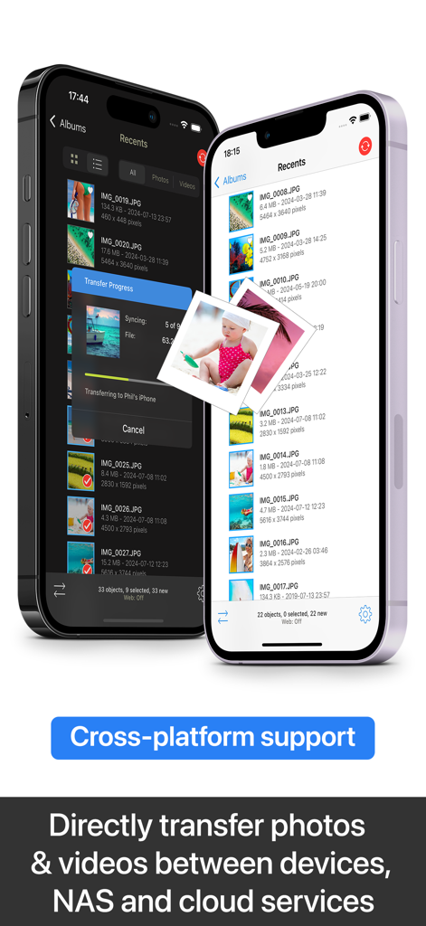 PhotoSync app interface on two iPhones showing cross-platform photo and video transfer features