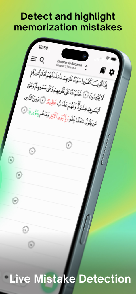 A smartphone displaying the Tarteel app with live mistake detection for Quran recitation