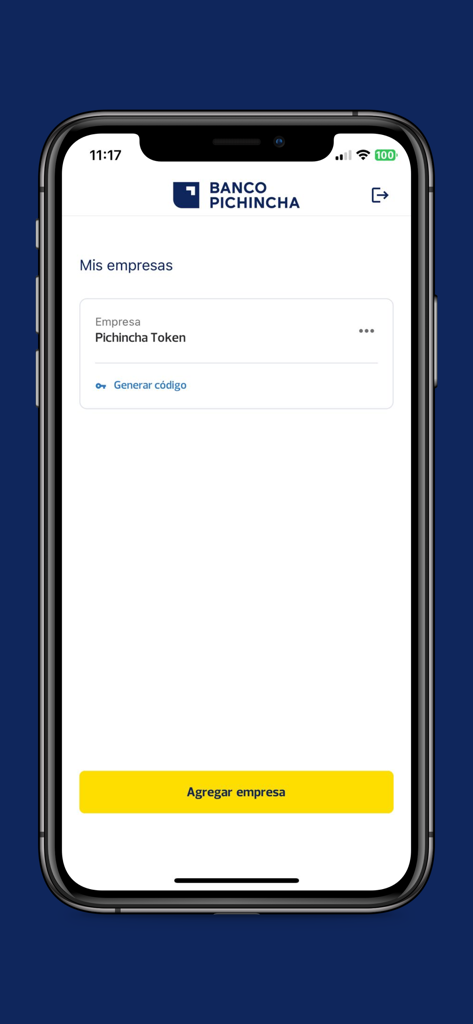 Pichincha Token App-Oberfläche, die die Liste der registrierten Unternehmen mit der Option zur Generierung eines Sicherheitscodes anzeigt