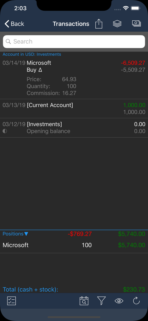 Money Tracker Infinite - Money Tracker Infinite app screen showing a detailed investment ledger with stock purchases and portfolio positions