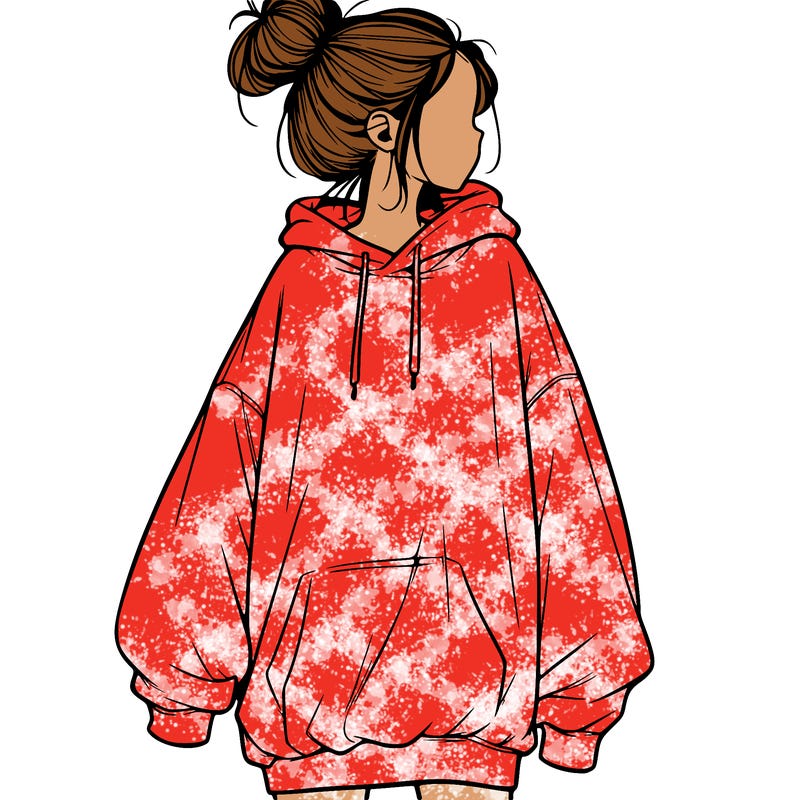 realistic girl with a oversized sweatshirt on and a bun