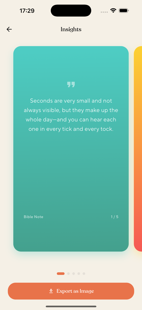Bible Note Taker - A teal shareable insight card with a quote and export button in the Bible Note Taker app