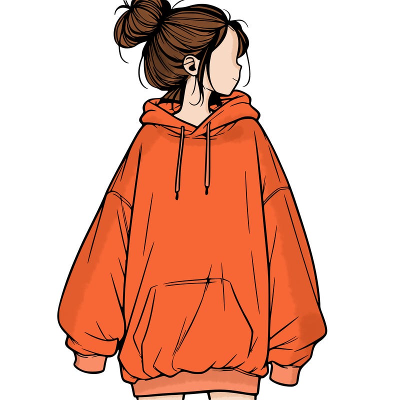 realistic girl with a oversized sweatshirt on and a bun