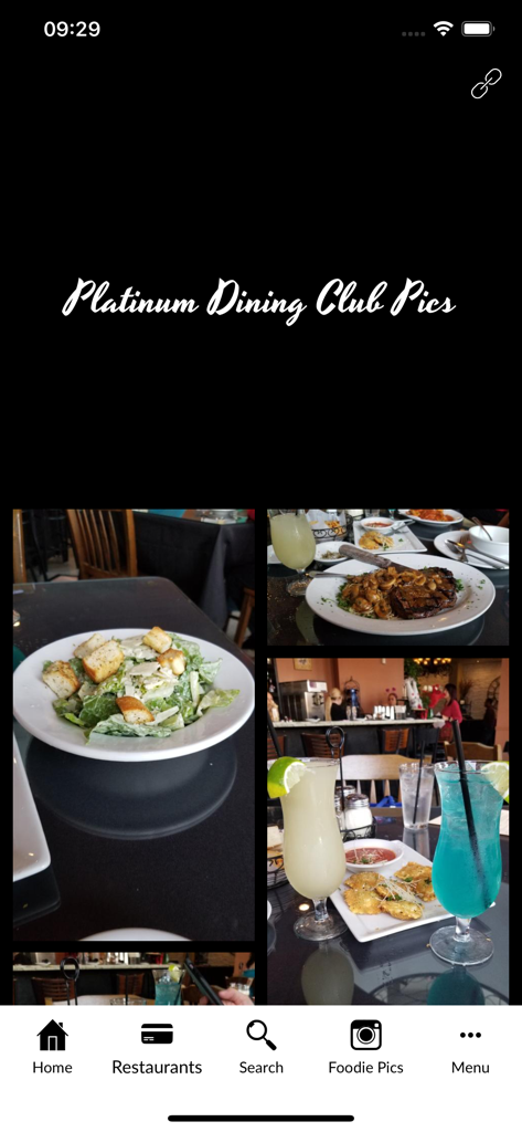 A gallery of food and drink photos within the Platinum Dining Club app showing local restaurant dishes like steak and salad.