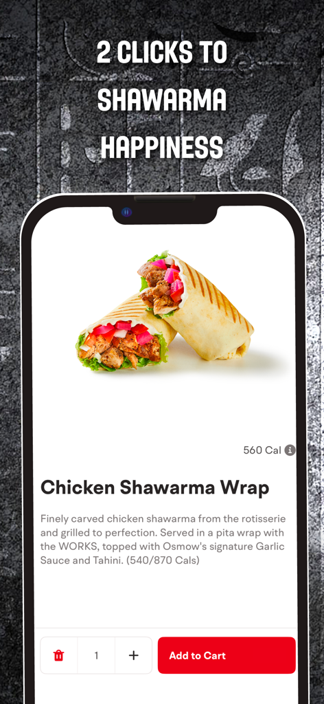 Wrap de Shawarma de Frango na tela de pedido do aplicativo Osmows com um botão Adicionar ao Carrinho