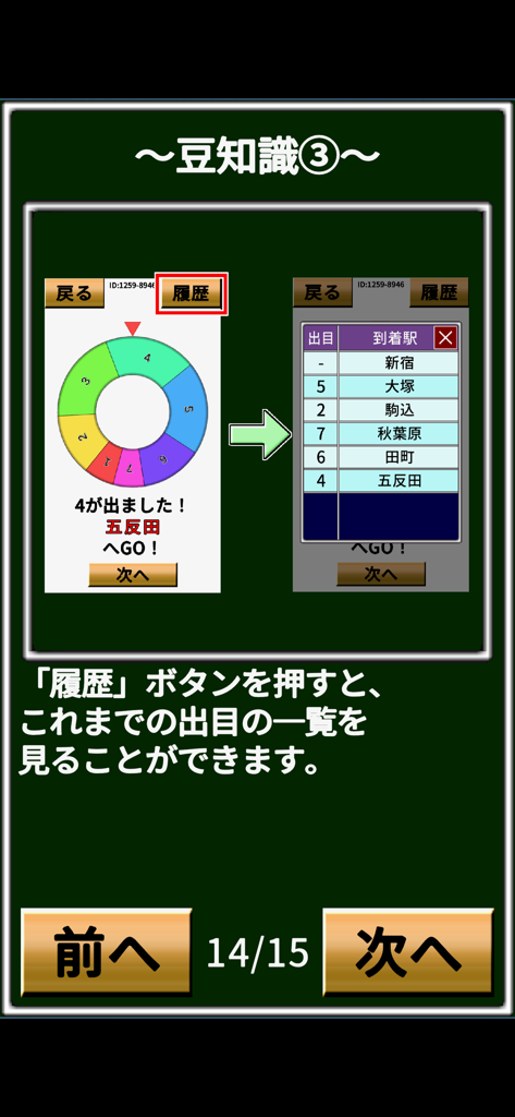山手線ゲーム - Tutorial-Bildschirm für die Yamanote Line Game-App, der das Rouletterad und eine Liste des Bahnhofsverlaufs zeigt.