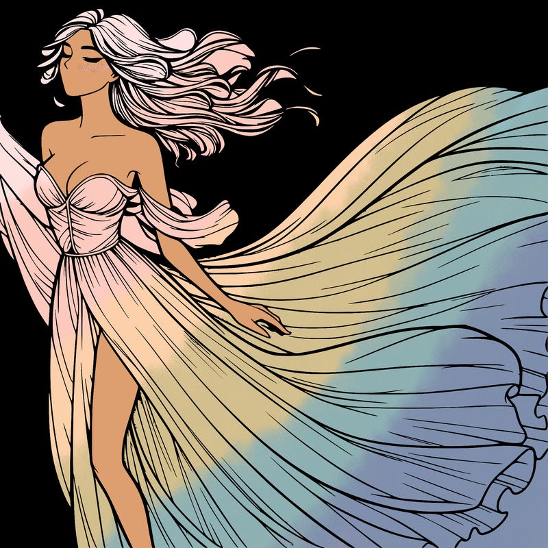 realistic woman in dress flowing the the wind