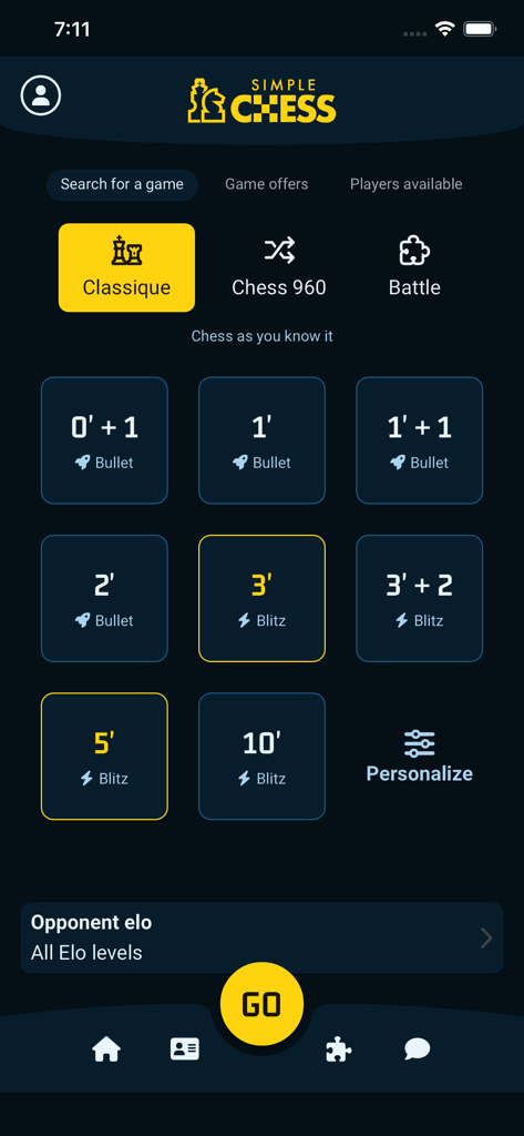 SimpleChess - chess game - Interfaz de la aplicación móvil SimpleChess que muestra la selección de modos de juego relámpago y blitz con diferentes controles de tiempo.