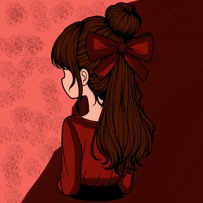 realistic girl  with hip length hair a bun and a big bow on the back of head
