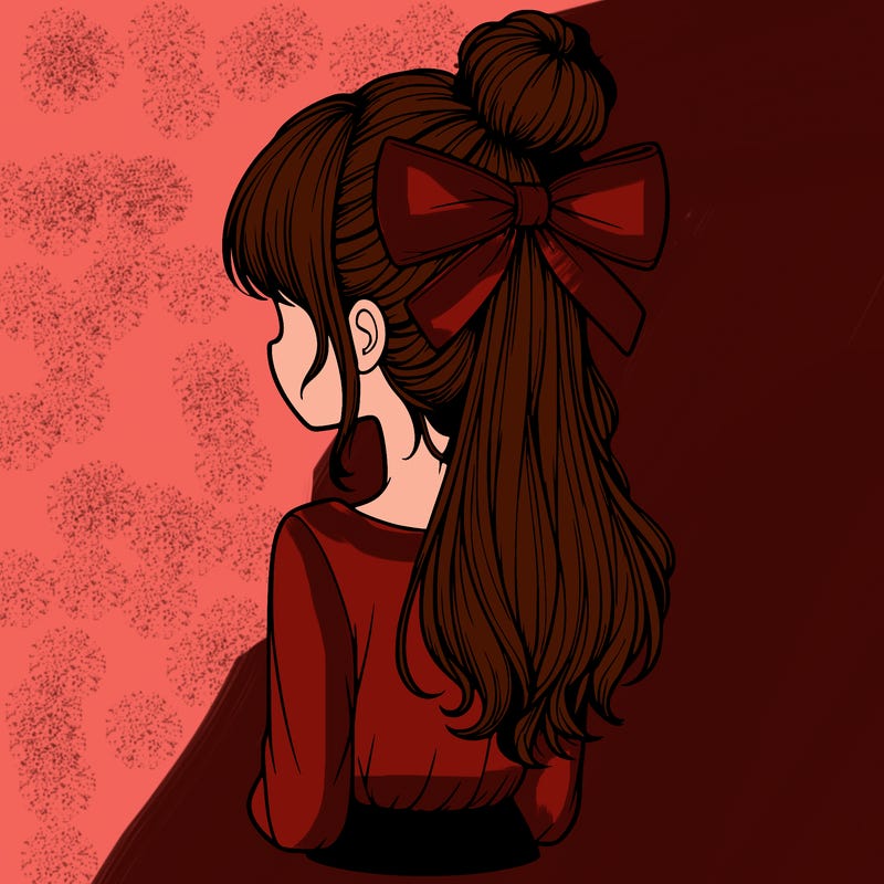 realistic girl  with hip length hair a bun and a big bow on the back of head