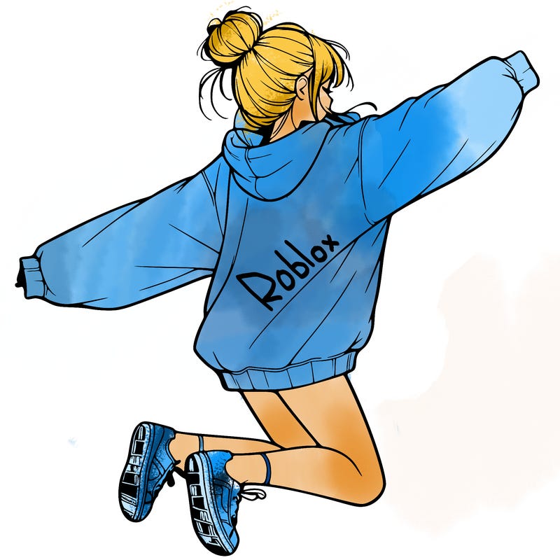 realistic girl jumping with a bun and oversized sweatshirt