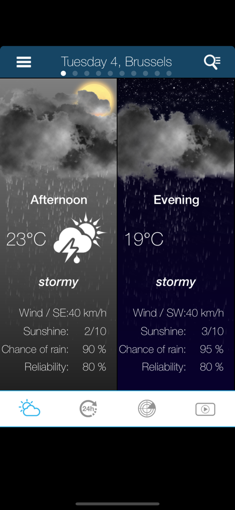 L'application Météo pour la Belgique annonce un temps orageux à Bruxelles, avec des températures prévues pour l'après-midi et le soir.