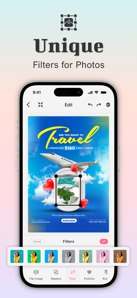 Poster Maker - Flyer Maker Ads - Interface showing unique photo filters being applied to a travel flyer template in the Poster Maker app.